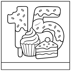 Number 15 desserts coloring page for free with cakes, donuts, and candies shaped into the number