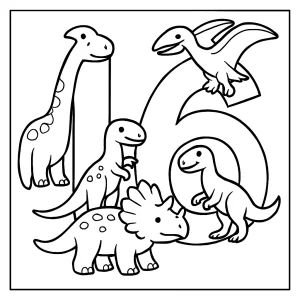 Number 16 shaped by dinosaurs coloring page for kids to print and color