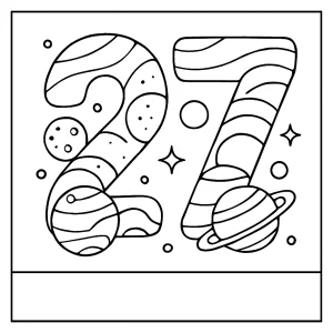 Number 27 shaped by outer space planets coloring page for kids