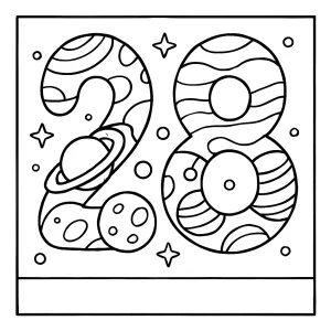 Number 28 shaped by outer space planets coloring page for kids