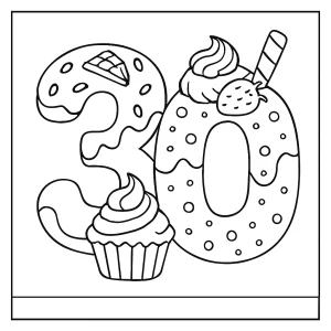 Number 30 shaped by sweet desserts coloring page for kids printable