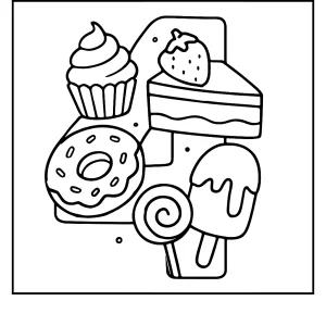 Number 4 shaped by sweet desserts coloring page – printable activity for kids
