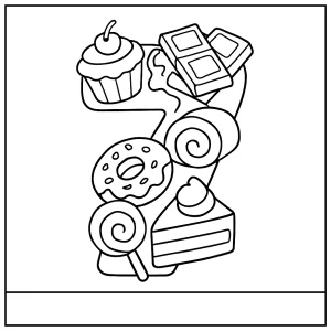 Number 7 shaped by desserts coloring page for free printable activity