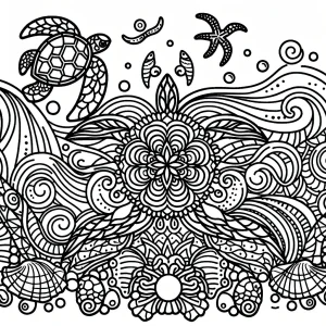 Mandala design of ocean waves, sea turtles, and shells