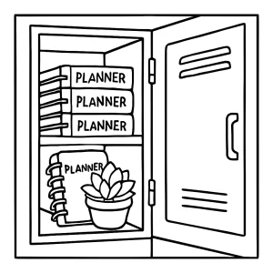 Open locker filled with color-coded planners and a succulent plant coloring page for free printable fun