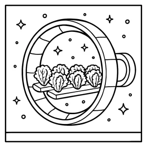 Orbital greenhouse ring growing lettuce in zero-g – cutaway diagram coloring page
