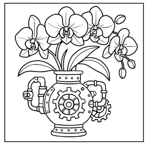 Steampunk orchid vase coloring page with gears and flowers, free printable