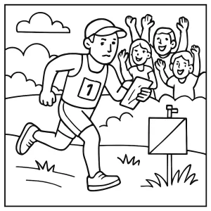 Orienteering athlete with cheering crowd coloring page for kids to print and color