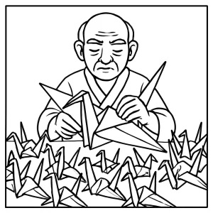 Origami master folding a crane army coloring page – free printable for kids