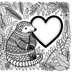 Pangolin in a knitted sweater curled into a heart shape among tropical leaves coloring page