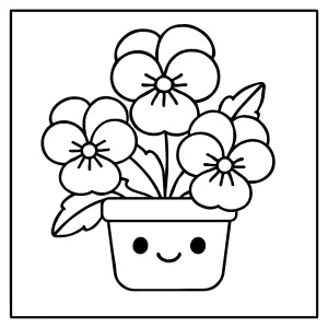 Kawaii pansy flower pot coloring page for kids to print and color, featuring cute smiling flowers in a pot.