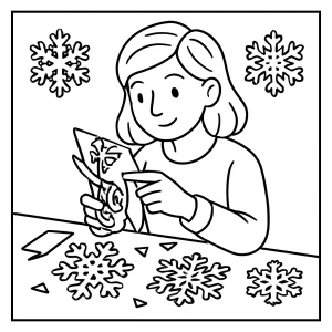 Papercraft artist cutting snowflakes coloring page for kids to print and color