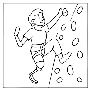 Para-climber scaling adaptive climbing wall with prosthetic limbs coloring page – free printable outline for kids and adults