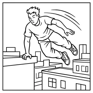 Parkour athlete vaulting over urban rooftop gap coloring page, free printable scene for kids