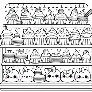 Pastel kawaii bakery counter with smiling cupcakes and macarons wearing bows