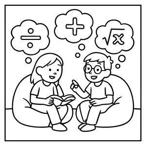 Peer-tutoring corner with beanbag chairs and math thought bubbles coloring page for kids