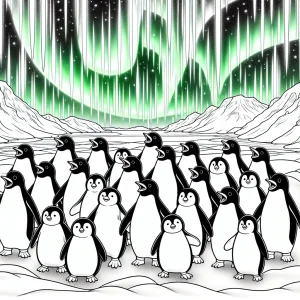 Penguin choir singing carols under the northern lights