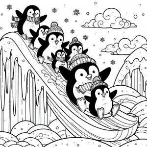 Penguin family sledding down an iceberg in a whimsical style