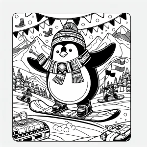 Comic outline of penguins snowboarding with colorful flags