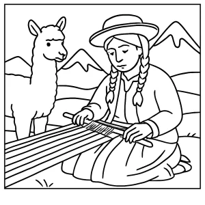 Peruvian alpaca herder weaving rainbow textile in Andes coloring page for free printable