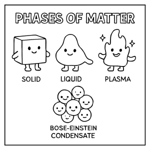 Phases of matter chart coloring page with plasma and Bose-Einstein condensate characters for kids