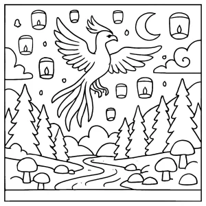 page de coloriage gratuite du Festival des Lanternes Phénix dans un royaume enchanté, à imprimer et colorier
