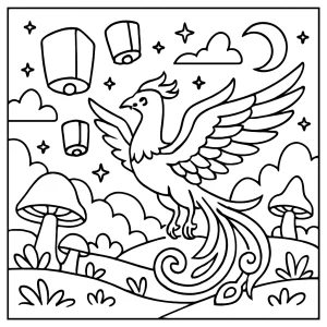 Phoenix Lantern Festival coloring page featuring magical phoenixes and glowing lanterns in an enchanted realm for kids to color