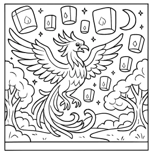 page de coloriage gratuite du Festival des lanternes du Phénix dans un royaume enchanté