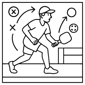 Pickleball athlete tactical diagram coloring page featuring a court layout and player for free printable fun.