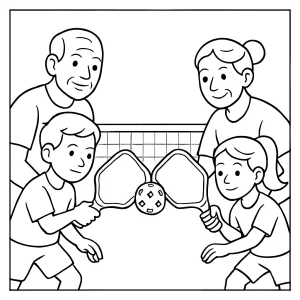Pickleball paddle clash coloring page featuring senior and junior teams in a doubles tournament