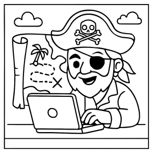 Pirate coder hacking treasure map coloring page for kids to print and color