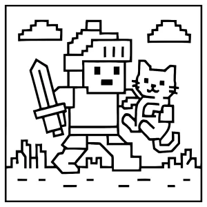 Pixel knight rescuing kitten coloring page – free printable for kids
