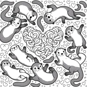 Two playful otters floating on their backs, forming a heart shape