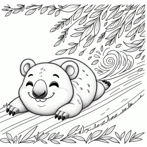 Outlined wombat rolling down a grassy hill with swirling eucalyptus leaves