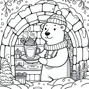Polar bear barista serving peppermint latte in a cozy igloo café coloring page