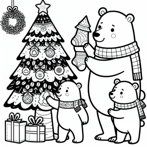 Polar bear family decorates a sustainable LED Christmas tree