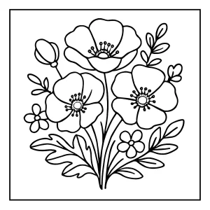Whimsical poppy bouquet coloring page with playful flowers for kids to print and color