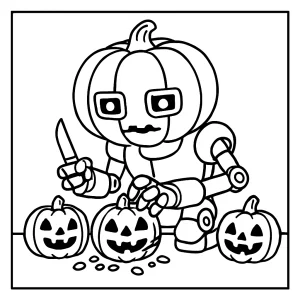 page de coloriage robot citrouille avec yeux LED en train de sculpter des mini-jack-o'-lanterns