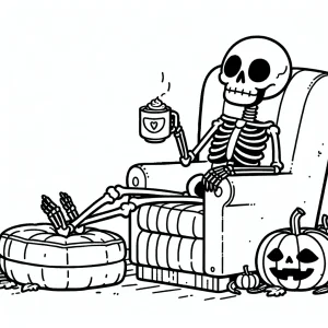 Skeleton relaxing in a chair with pumpkin spice latte