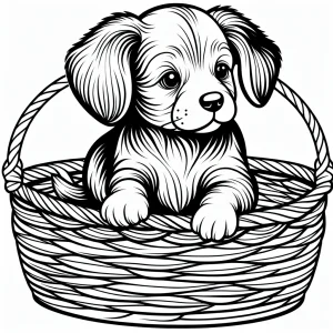 Adorable puppy with floppy ears sitting in a woven basket, ready to be colored.