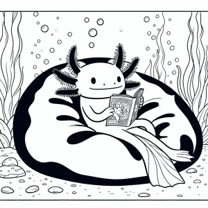Outline of an axolotl reading a comic in an underwater beanbag chair