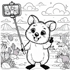 Outline of a quokka taking a selfie with phone on stick in the Australian outback