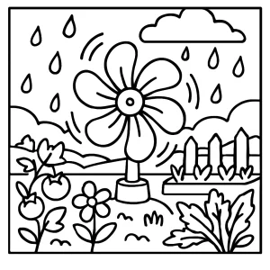Rain-powered flower turbine spinning in a community garden coloring page for kids
