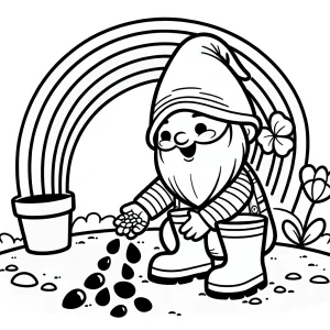 Garden gnome in rainboots planting seeds under a rainbow
