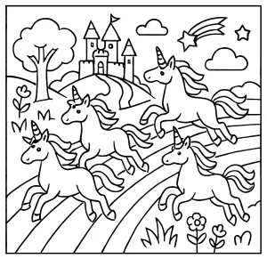 Rainbow River Unicorn Derby coloring page featuring unicorns racing along a sparkling rainbow river in an enchanted realm, printable for free