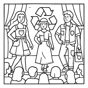 Recycled fashion show coloring page with upcycled denim outfits on stage in an auditorium