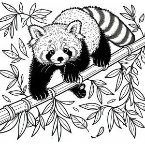 Red panda balancing on bamboo branches with falling leaves