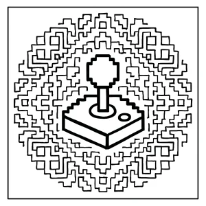 8-bit pixel mandala with arcade joystick coloring page, free printable design for kids and retro gaming fans.