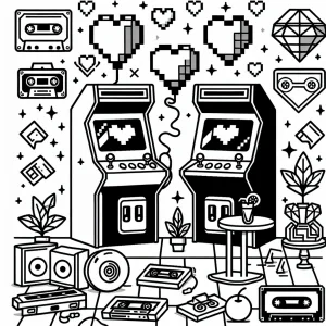 Retro 80s arcade party scene with game cabinets and pixel hearts