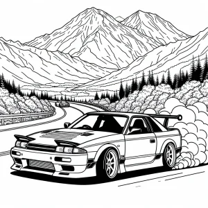 Retro JDM drift car drifting on a winding mountain road coloring page